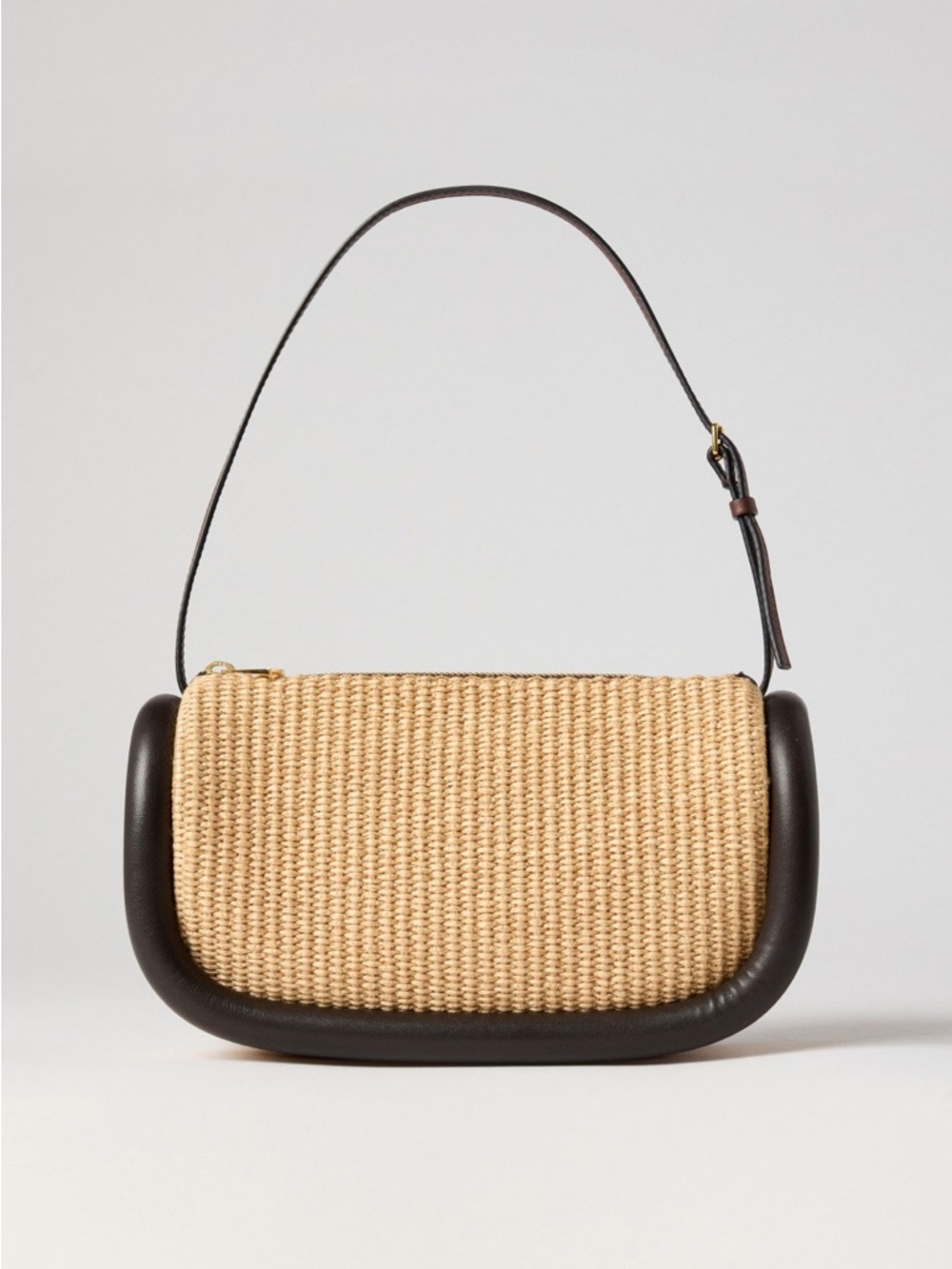JW ANDERSON Beige Woven Straw Shoulder Bag with Dark Brown Leather Trim